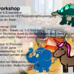 Auf dem Bild sieht man ein Flyer für das Lötworkshop. Die angegebenen Informationen sind in der Beschreibung des Events mit angegeben. Außerdem sieht man ein LED Elefant, - Einhorn und -Dino
