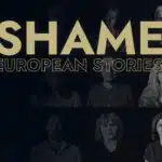 Titelgrafik ‚SHAME – European Stories‘ mit Porträts mehrerer Personen vor dunklem Hintergrund